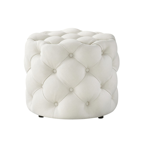 Homeroots 21" White Linen Tufted Round Ottoman F  487866