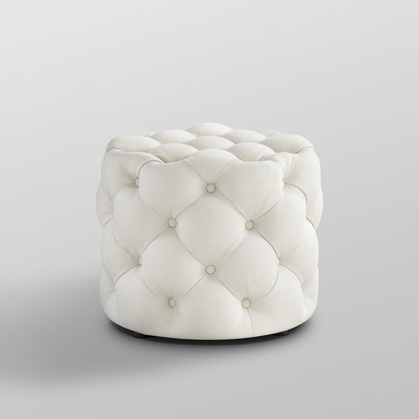 Homeroots 21" White Linen Tufted Round Ottoman F  487866