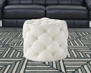 Homeroots 21" White Linen Tufted Round Ottoman F  487866