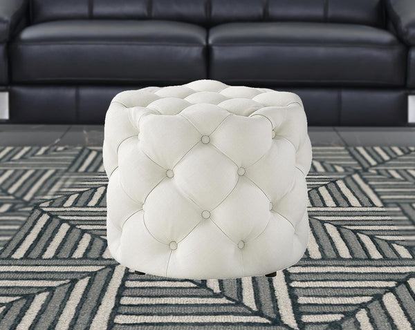 Homeroots 21" White Linen Tufted Round Ottoman F  487866