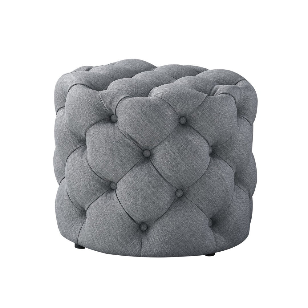 HomeRoots 21" Round Tufted Ottoman - Luxurious Accent Seat with Nailhead Trim for Stylish Home Decor Light Grey, Linen Linen 487867