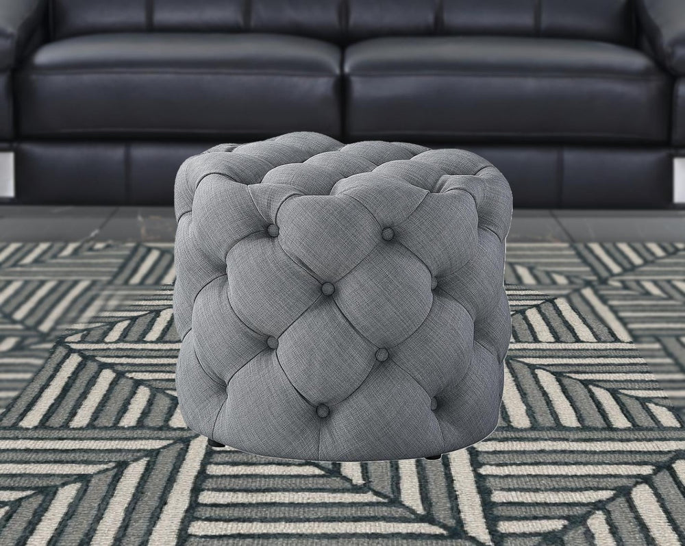 HomeRoots 21" Round Tufted Ottoman - Luxurious Accent Seat with Nailhead Trim for Stylish Home Decor Light Grey, Linen Linen 487867