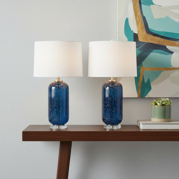 HomeRoots Set of Two 30" Blue Crystal Table Lamps with White Shades - Elegant, Modern Design for Any Room 487868