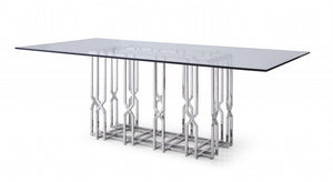 Homeroots 87" Clear And Silver Glass And Stainless Steel Pedestal Base Dining Table   487877