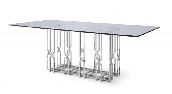 Homeroots 87" Clear And Silver Glass And Stainless Steel Pedestal Base Dining Table   487877