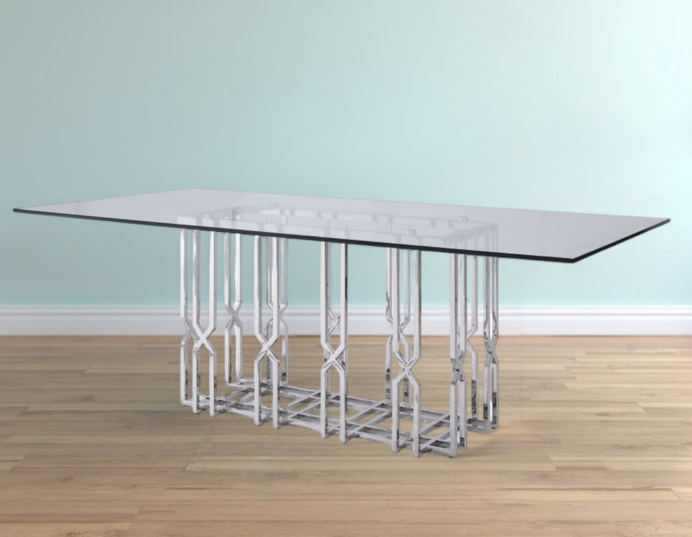Homeroots 87" Clear And Silver Glass And Stainless Steel Pedestal Base Dining Table   487877