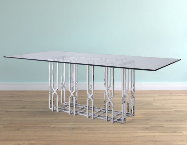 Homeroots 87" Clear And Silver Glass And Stainless Steel Pedestal Base Dining Table   487877