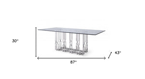 Homeroots 87" Clear And Silver Glass And Stainless Steel Pedestal Base Dining Table   487877