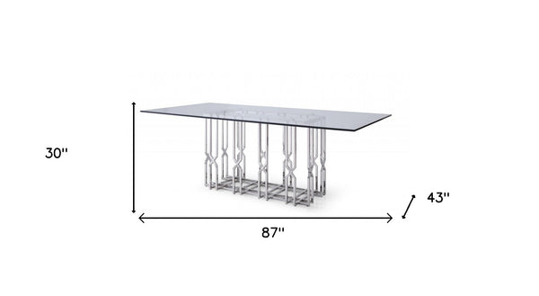 Homeroots 87" Clear And Silver Glass And Stainless Steel Pedestal Base Dining Table   487877