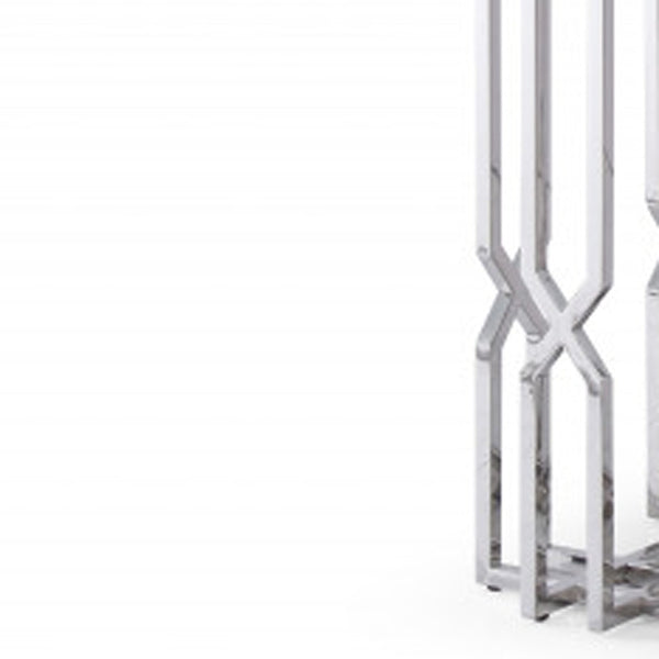 Homeroots 87" Clear And Silver Glass And Stainless Steel Pedestal Base Dining Table   487877