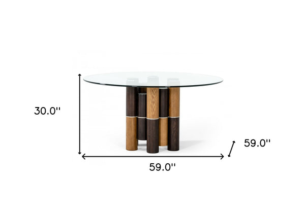 Homeroots 59" Clear And Walnut Rounded Glass And Solid Manufactured Wood Dining Table   487881