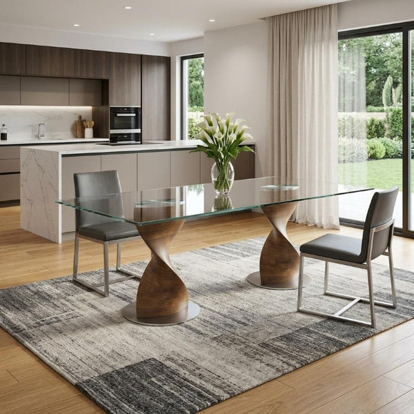 95 Inch Glass Top Solid Wood Double Pedestal Dining Table for Large Gatherings