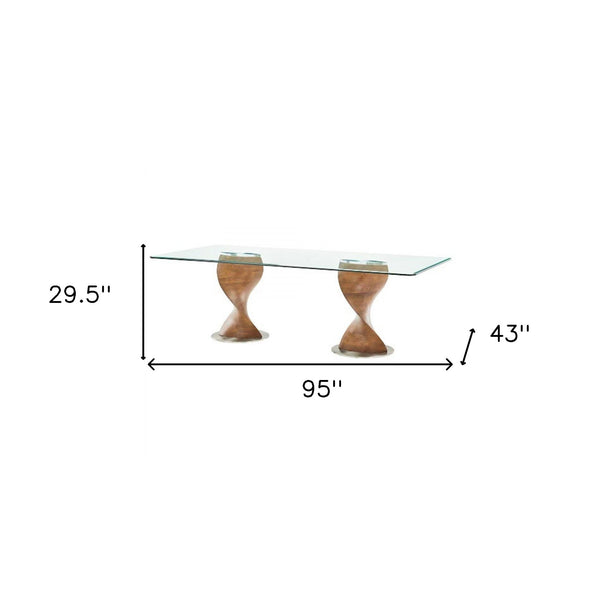 Homeroots 95" Clear And Brown Glass And Solid Wood Double Pedestal Base Dining Table   487882