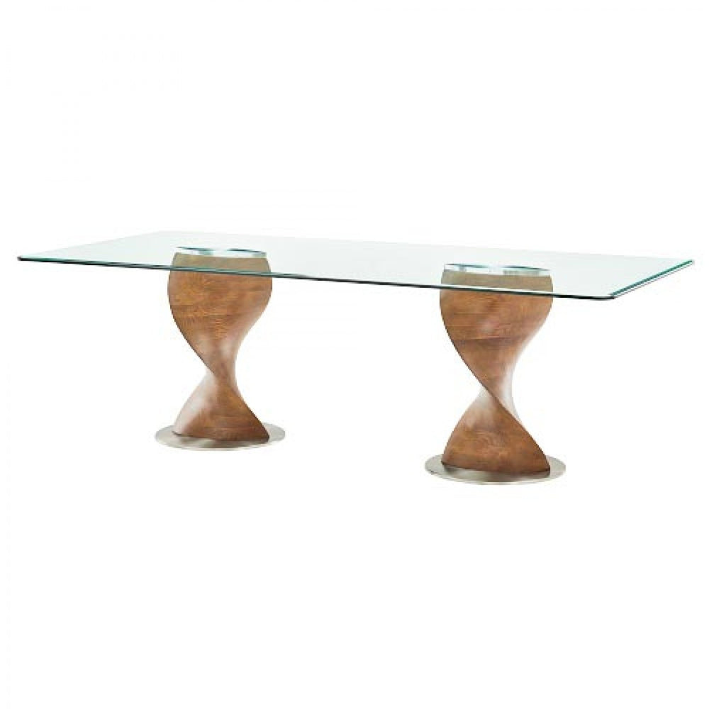 Homeroots 95" Clear And Brown Glass And Solid Wood Double Pedestal Base Dining Table   487882