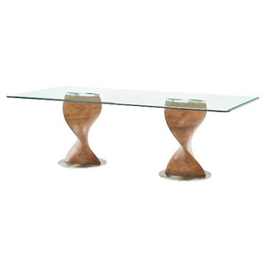 Homeroots 95" Clear And Brown Glass And Solid Wood Double Pedestal Base Dining Table   487882
