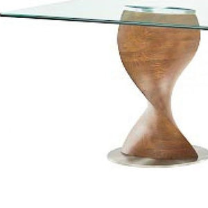 Homeroots 95" Clear And Brown Glass And Solid Wood Double Pedestal Base Dining Table   487882