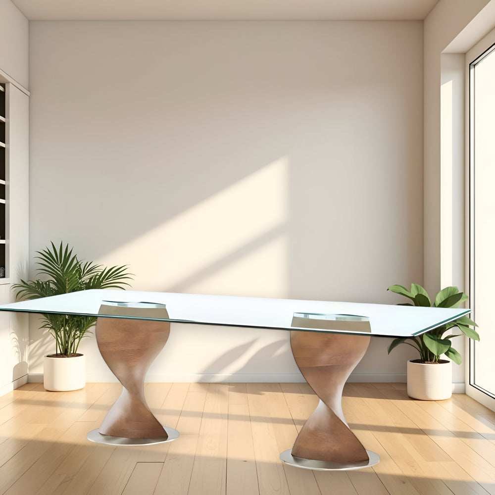 Homeroots 95" Clear And Brown Glass And Solid Wood Double Pedestal Base Dining Table   487882