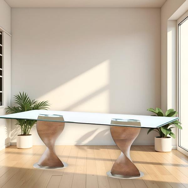 Homeroots 95" Clear And Brown Glass And Solid Wood Double Pedestal Base Dining Table   487882