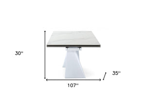 Homeroots 107" White Rectangular Ceramic And Metal Self-storing Leaf Dining Table   487885