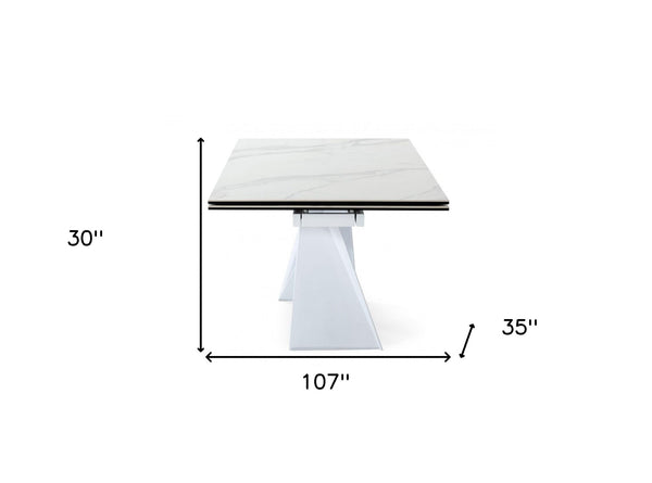 Homeroots 107" White Rectangular Ceramic And Metal Self-storing Leaf Dining Table   487885