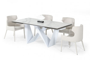 Homeroots 107" White Rectangular Ceramic And Metal Self-storing Leaf Dining Table   487885