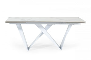 Homeroots 107" White Rectangular Ceramic And Metal Self-storing Leaf Dining Table   487885