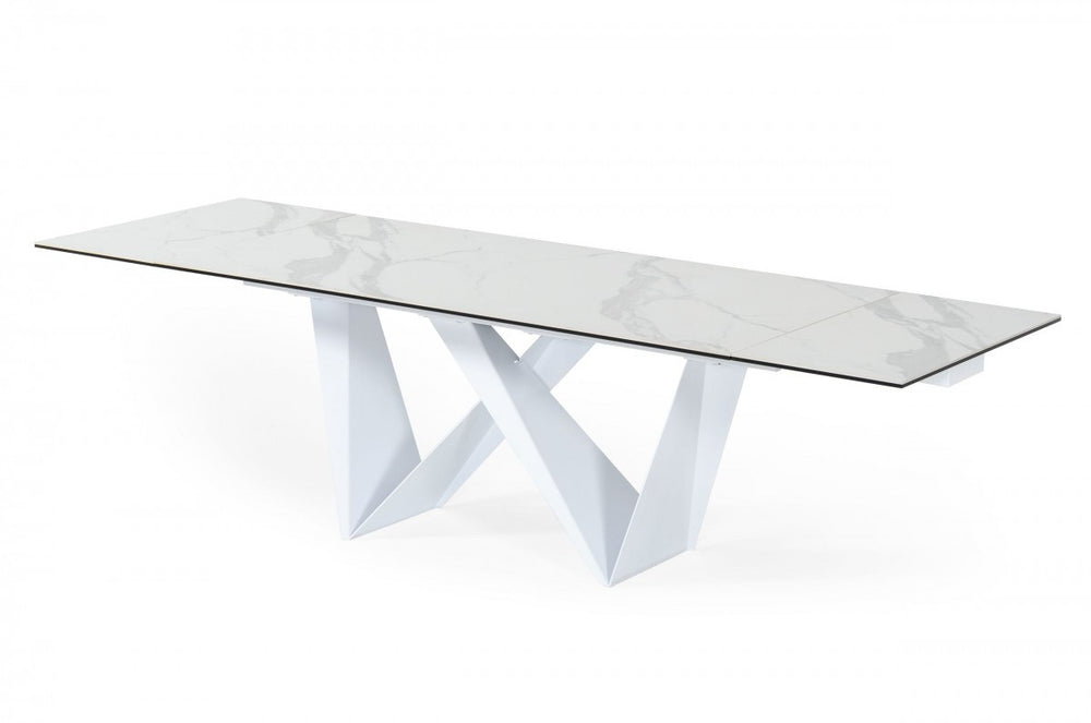 Homeroots 107" White Rectangular Ceramic And Metal Self-storing Leaf Dining Table   487885