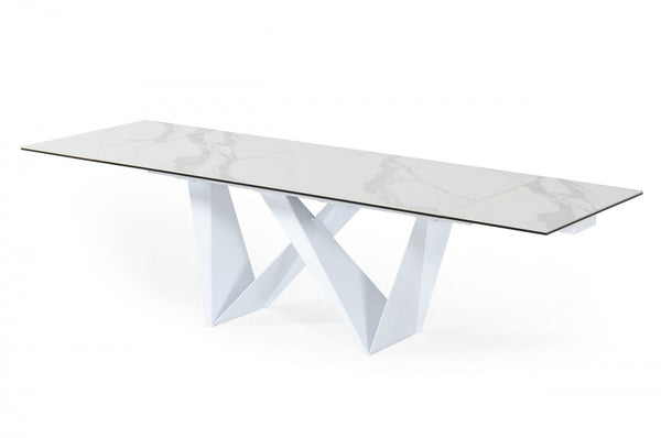 Homeroots 107" White Rectangular Ceramic And Metal Self-storing Leaf Dining Table   487885