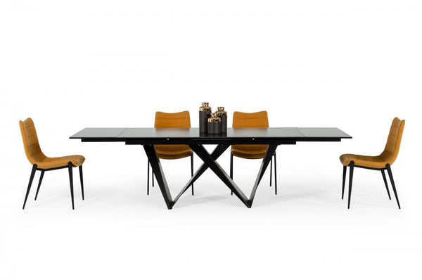 Homeroots 107" Black Rectangular Ceramic And Metal Self-storing Leaf Dining Table   487886