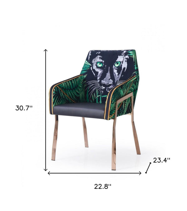 Homeroots Green And Black And Rose Gold Upholstered Velvet Dining Arm Chair  Steel 487967