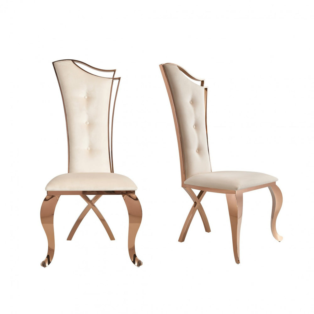 Homeroots Set Of Two Tufted Beige And Rose Gold Upholstered Velvet Dining Side Chairs  Steel 487969