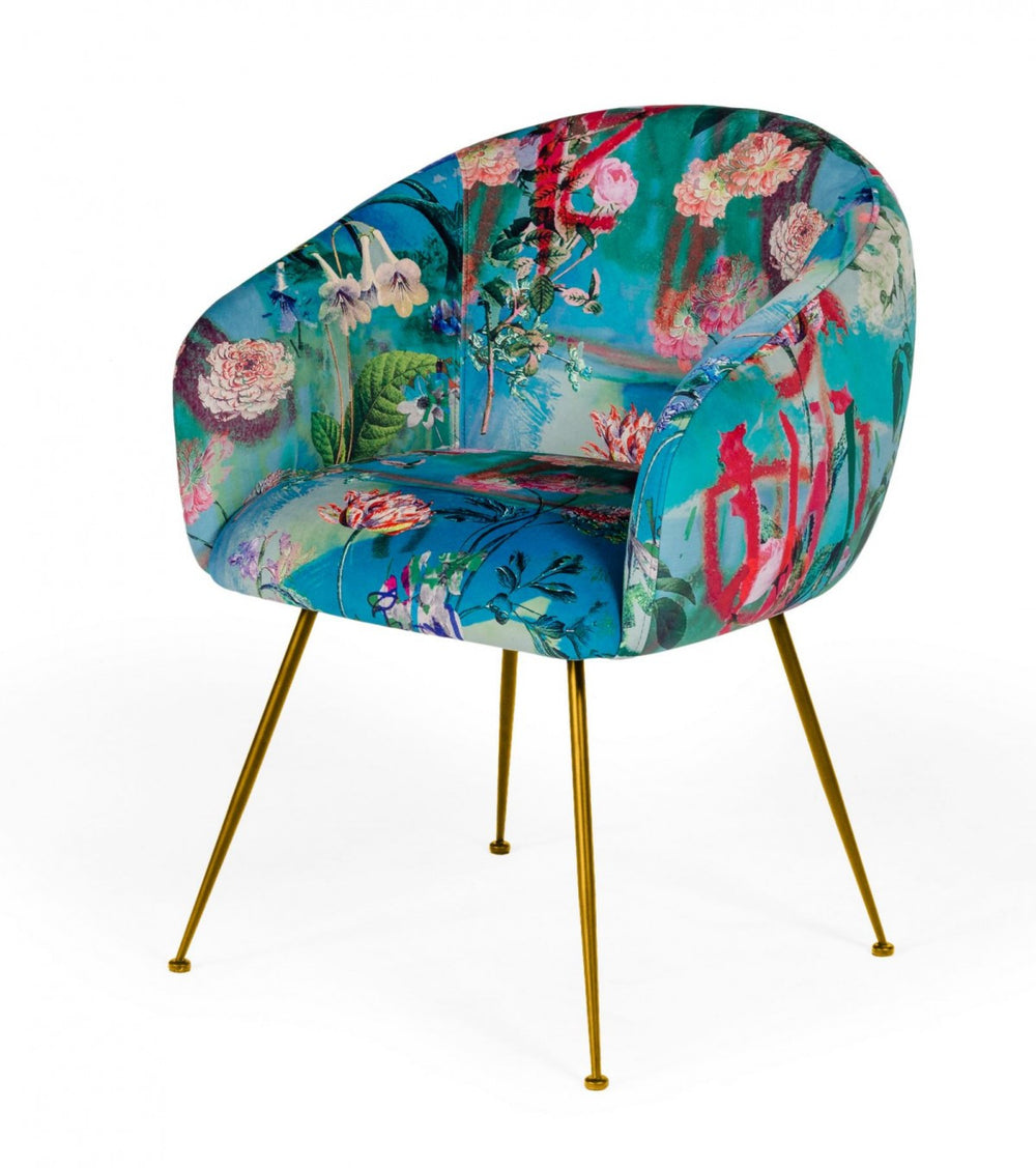 Homeroots Blue Green And Gold Floral Velvet Dining Arm Chair  Metal 487976