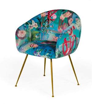 Homeroots Blue Green And Gold Floral Velvet Dining Arm Chair  Metal 487976