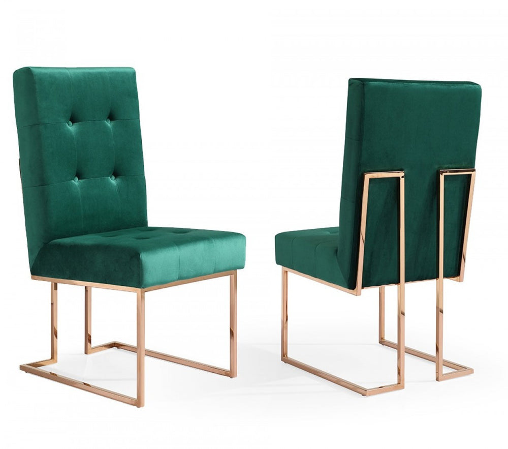 Homeroots Set Of Two Tufted Green And Rose Gold Upholstered Velvet Dining Side Chairs  Steel 487979