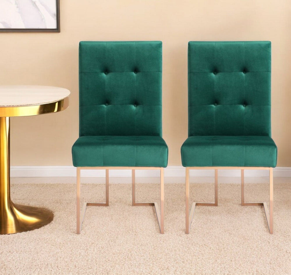 Homeroots Set Of Two Tufted Green And Rose Gold Upholstered Velvet Dining Side Chairs  Steel 487979