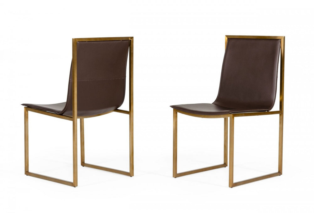 Homeroots Set Of Two Brown And Brass Upholstered Faux Leather Dining Side Chairs  Metal 487985