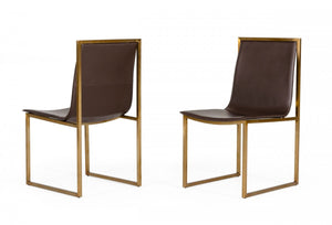 Homeroots Set Of Two Brown And Brass Upholstered Faux Leather Dining Side Chairs  Metal 487985