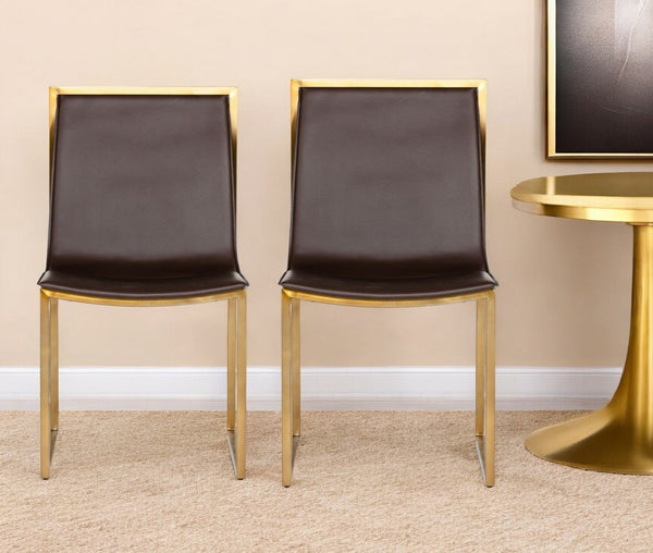 Homeroots Set Of Two Brown And Brass Upholstered Faux Leather Dining Side Chairs  Metal 487985