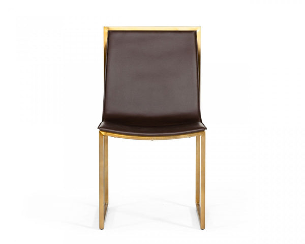 Homeroots Set Of Two Brown And Brass Upholstered Faux Leather Dining Side Chairs  Metal 487985