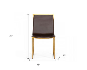 Homeroots Set Of Two Brown And Brass Upholstered Faux Leather Dining Side Chairs  Metal 487985