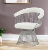 White Windsor Back Dining Side Chair - Stylish Armless Design in Silver Fabric for Any Room