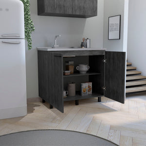English Elm Napoles Gray Utility Sink Cabinet with Stainless Steel Countertop, Interior Shelf, Durable Legs, No Faucet Included B070S00309