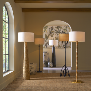 Brigadier Black Floor Lamp - Hand-Hammered Aluminum Design with Antique Gold Finish & Linen Shade