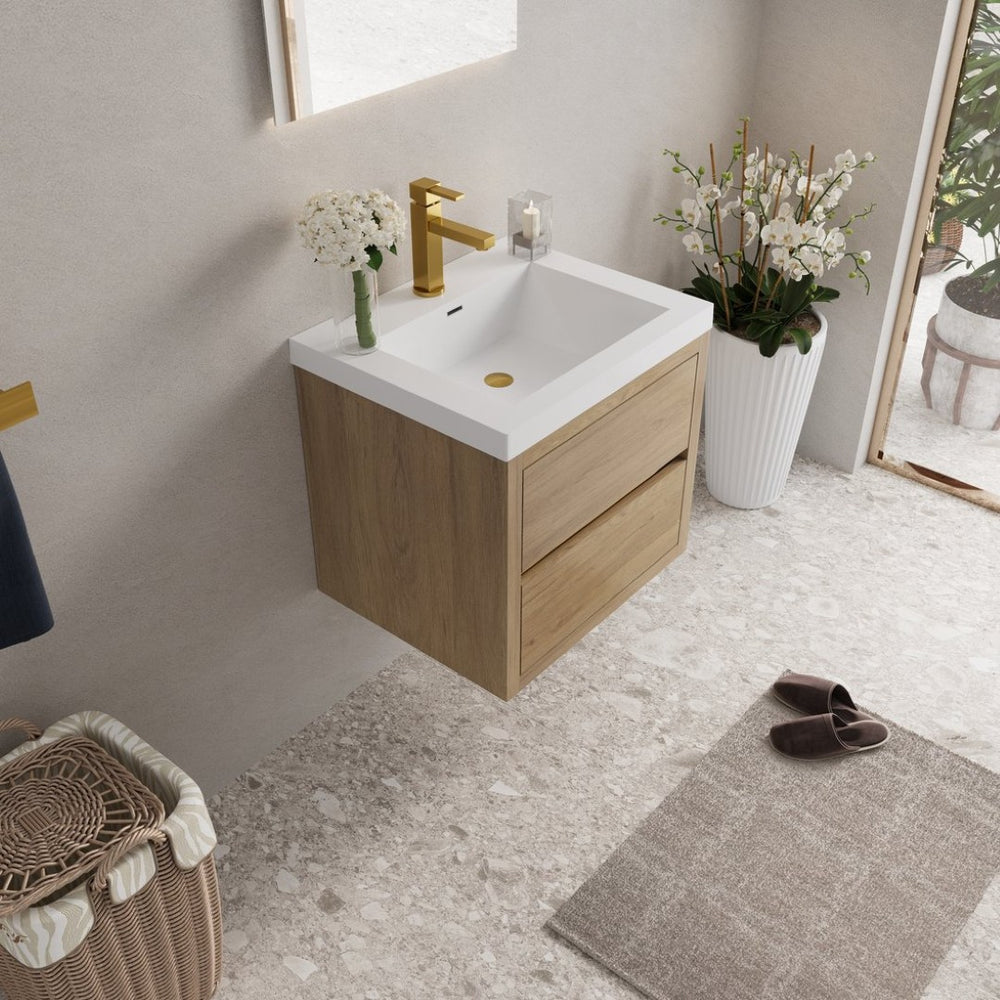 English Elm 24'' Wall Mount Bathroom Vanity Fluted Smoked Walnut Soft Close Drawer Quartz Basin W1920P385565