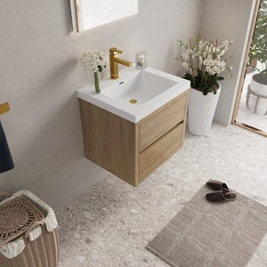 English Elm 24'' Wall Mount Bathroom Vanity Fluted Smoked Walnut Soft Close Drawer Quartz Basin W1920P385565