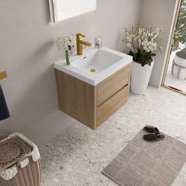 English Elm 24'' Wall Mount Bathroom Vanity Fluted Smoked Walnut Soft Close Drawer Quartz Basin W1920P385565