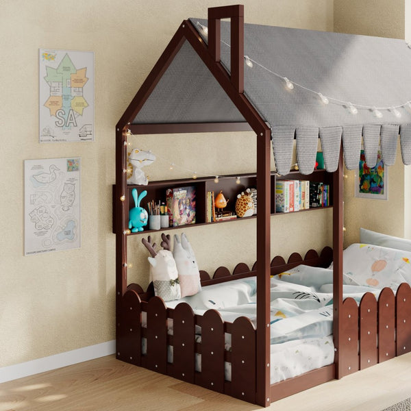 English Elm {slats Are Not Included} Twin Montessori House Floor Bed Kids Tent Lights Shelves Pinewood Frame Espresso N708P407962P