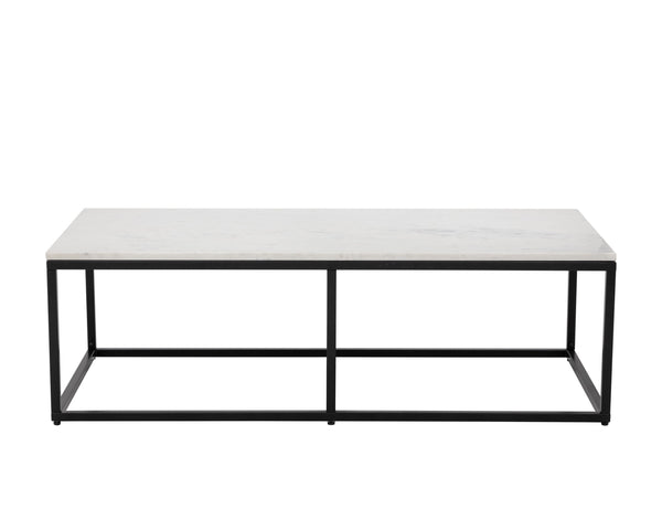 Sunpan Ellery Modern Coffee Table - White Polished Marble Top with Matte Black Steel Base, Handcrafted Elegance