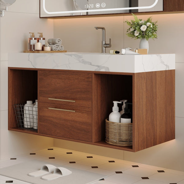 English Elm 39.4 Inch Floating Bathroom Vanity Sintered Stone Top Solid Wood 2 Soft Close Drawers W3136S00034
