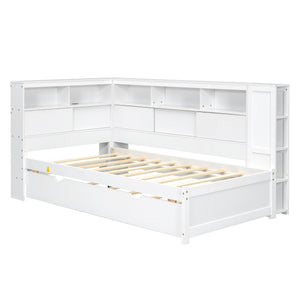 English Elm Twin Daybed with Built-In Shelves, USB Port & Trundle — Solid Pine Frame, Sturdy Storage and Smooth Wheels for Space-Saving Sleep Solutions White GX000467AAK